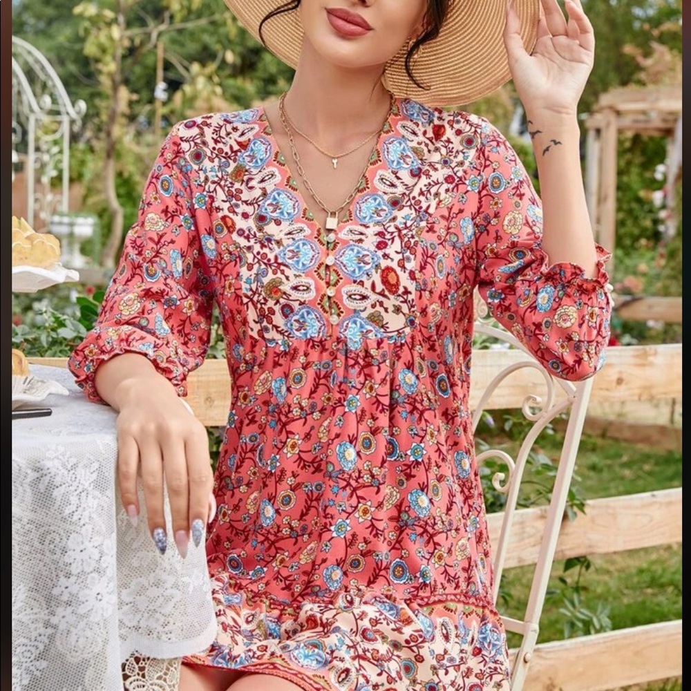 Boho floral print v neck dress - Picture 4 of 4